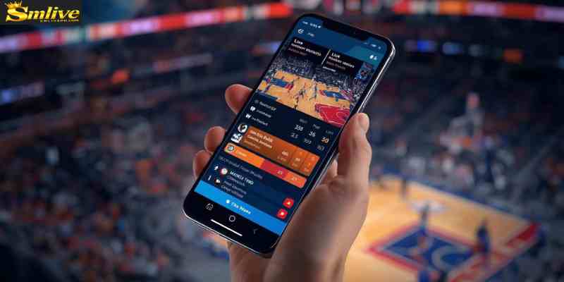 Mobile phone displaying live sports betting odds during a basketball game