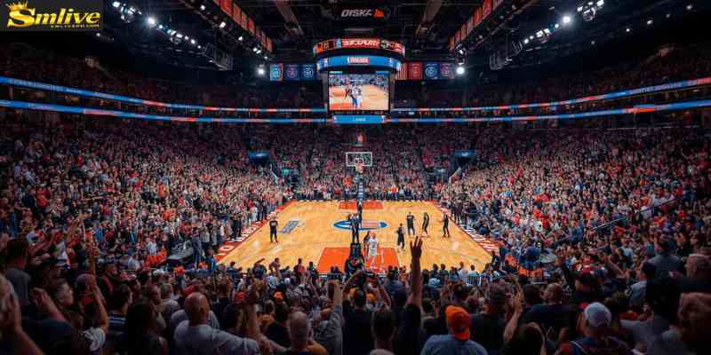 Professional basketball arena packed with fans during an NBA game